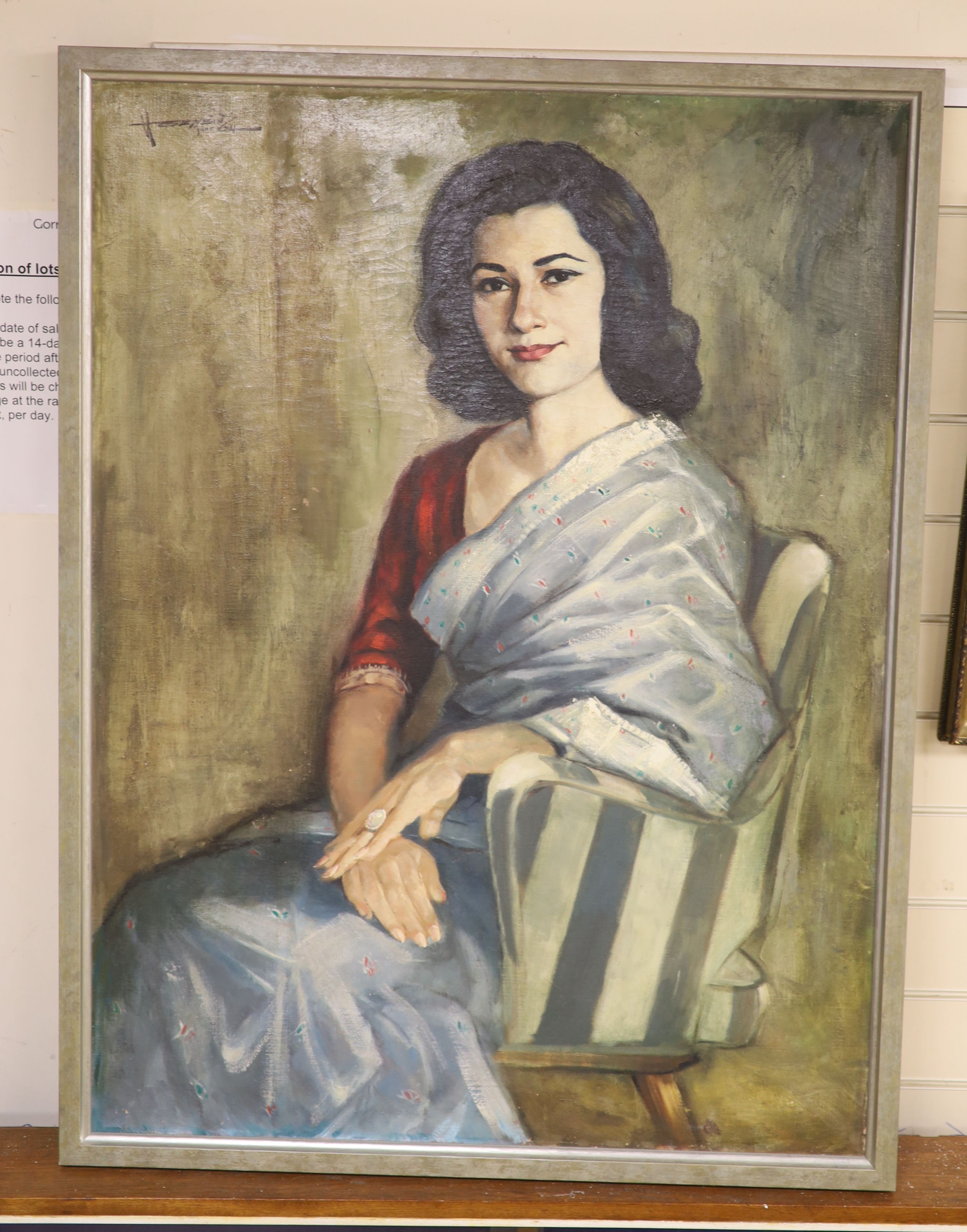 A 1960's oil on canvas portrait of a lady, 101 x 75cm.